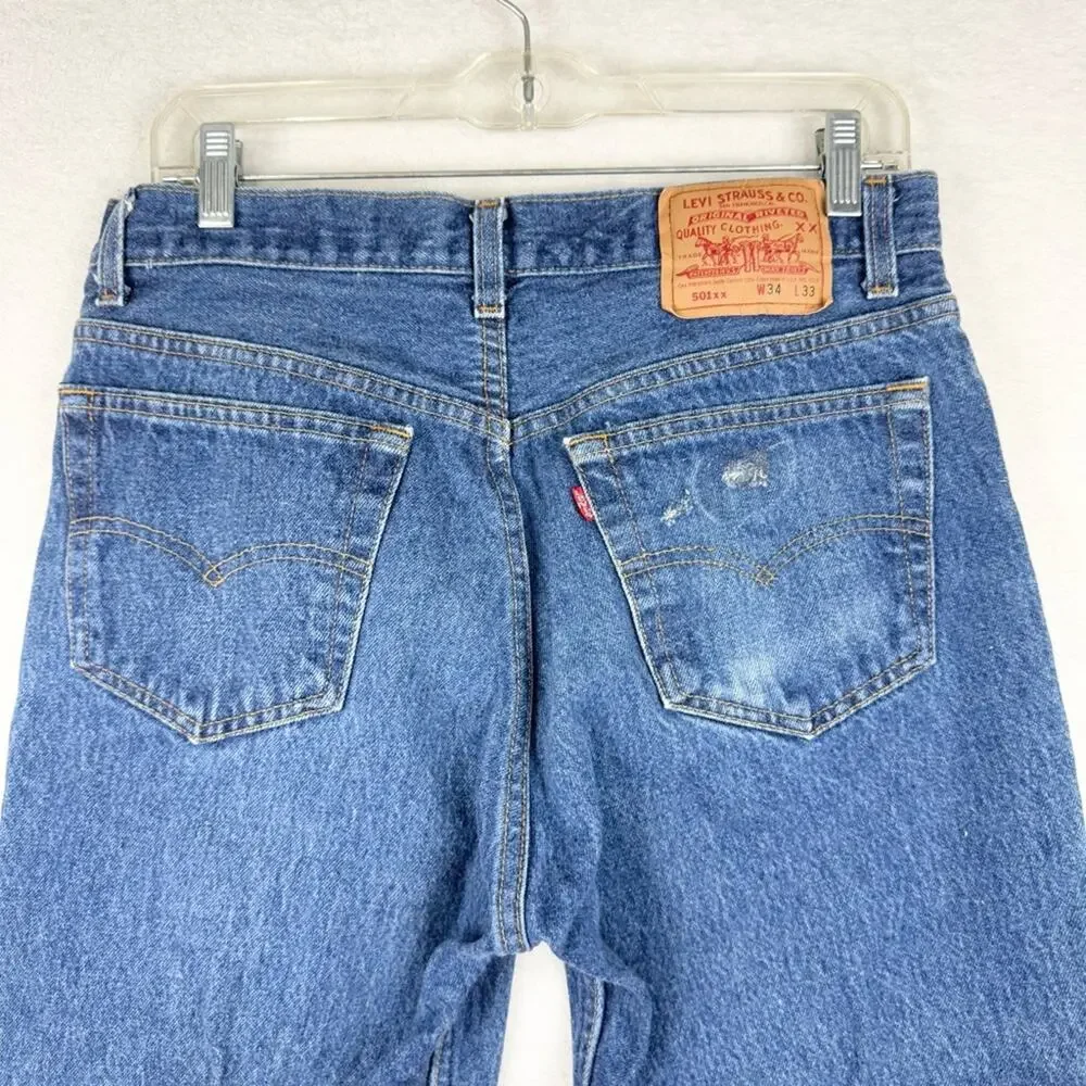 Vintage 80's Levi's 501xx‎ Button Fly Dark Wash Slight Distress Rigid Size 34x33